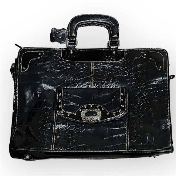 Lawyer’s bag top handle Leather croc embossing patent leather briefcase Retro - Picture 2 of 16